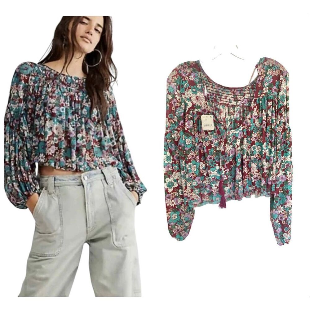 Free People Crop Floral Boho Long Sleeve Top Sz L NWT